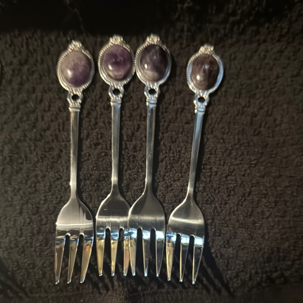 Silver Fork Set with Purple amethyst Stone Accents